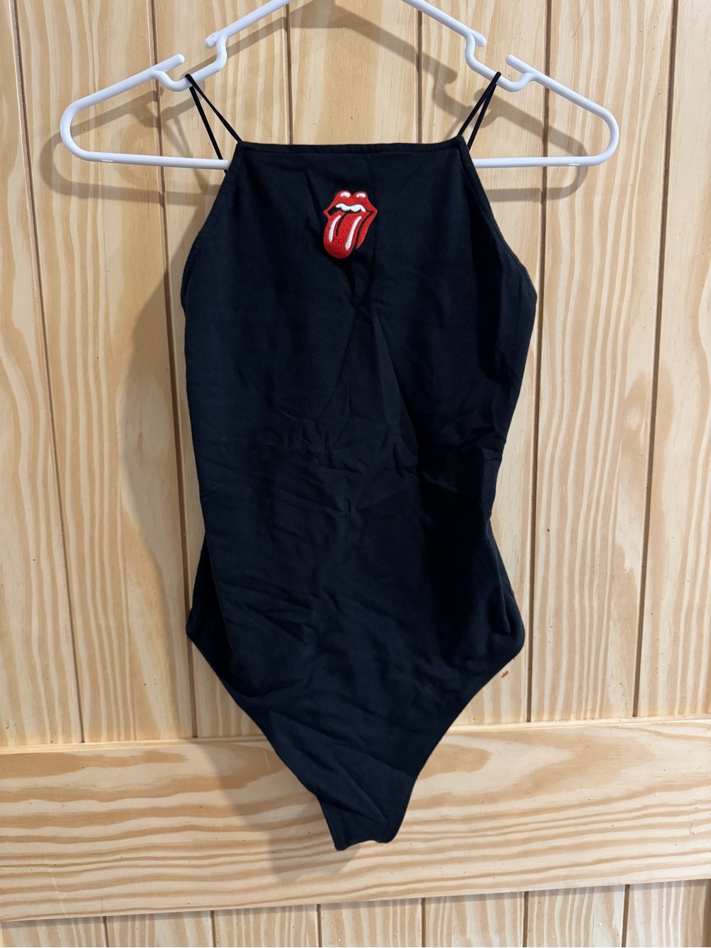 Rolling Stones embroidery logo on Black Spaghetti Strap body suit—Medium